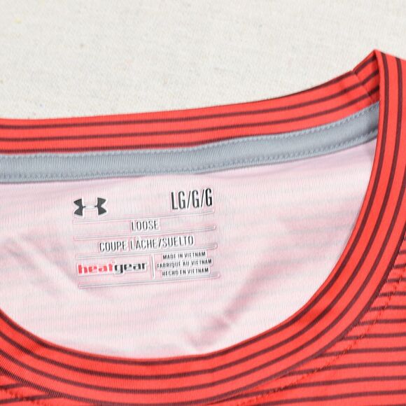 Under Armour Men T Shirt Crew Neck Striped Polyester Red Size L Loose Heatgear - Picture 7 of 8